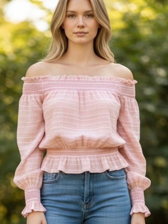 Tops - Tory Burch Pink Off Shoulder Smocked Peplum Blouse Sz 8